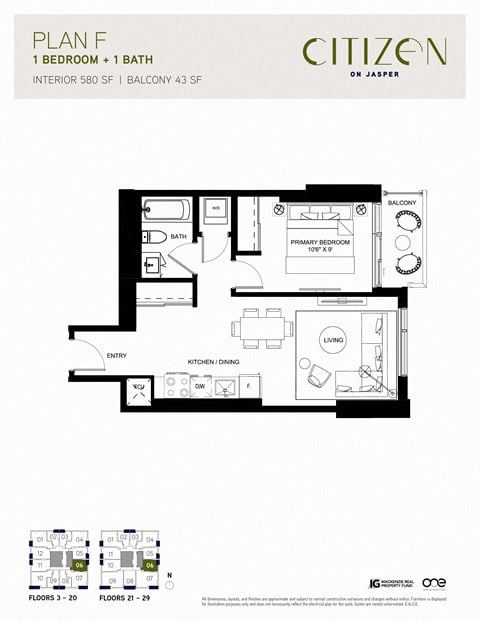 Floor plan for 1 bed, 1 bath, 580 sqft